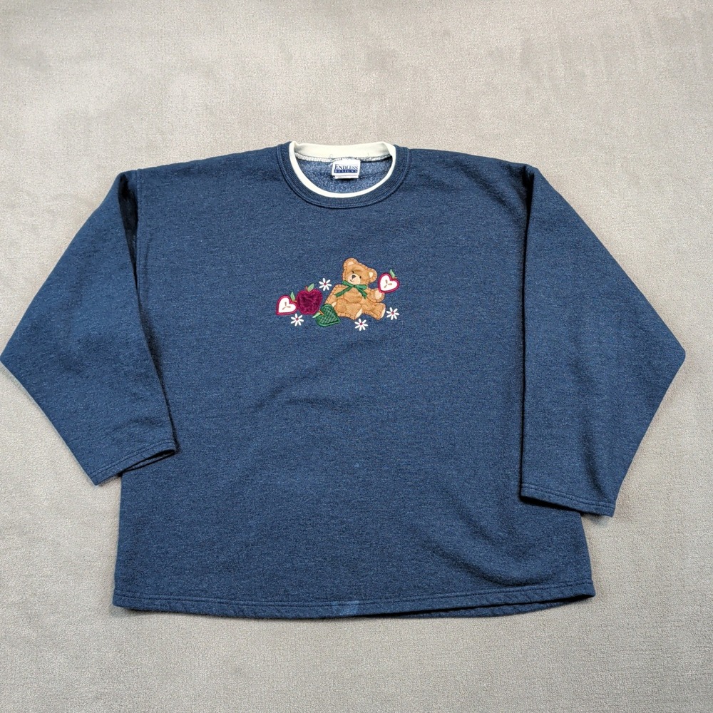 Endless Designs Vintage Teddy Bear Embroidered Sweatshirt Large Blue Cottagecore